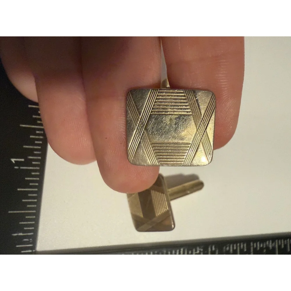 Vintage Gold Tone Etched Geometric Rectangular Toggle Back Cufflinks Mens